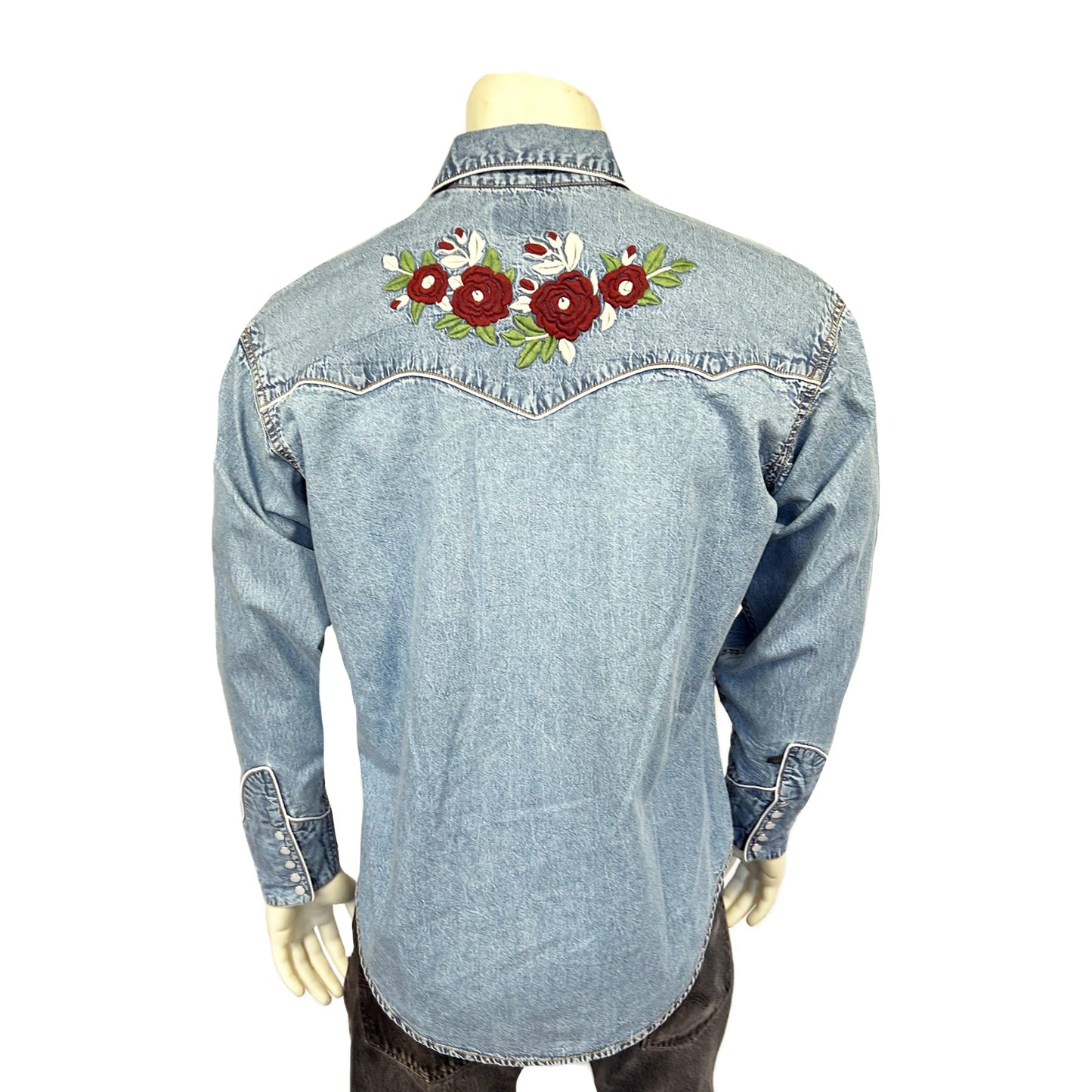 Rockmount Ranch Wear Men's Denim & Burgundy Floral Embroidered Western Shirt - Rockmount Clothing - Flyclothing LLC