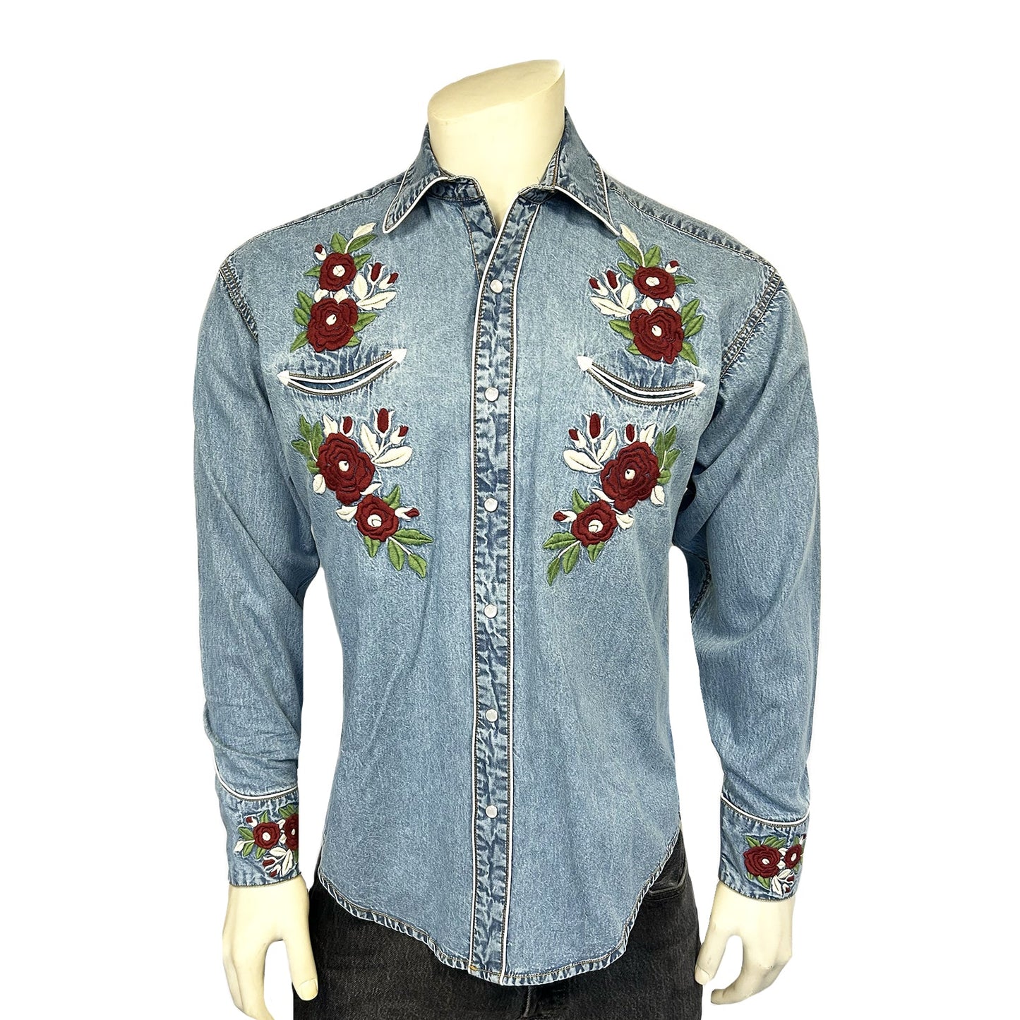 Rockmount Ranch Wear Men's Denim & Burgundy Floral Embroidered Western Shirt - Rockmount Clothing - Flyclothing LLC