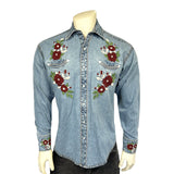 Rockmount Ranch Wear Men's Denim & Burgundy Floral Embroidered Western Shirt - Rockmount Clothing - Flyclothing LLC