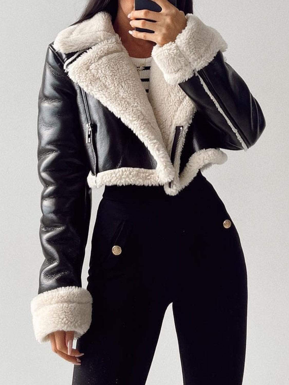 Collared Neck Long Sleeve Plush Cropped Jacket - Trendsi - Flyclothing LLC