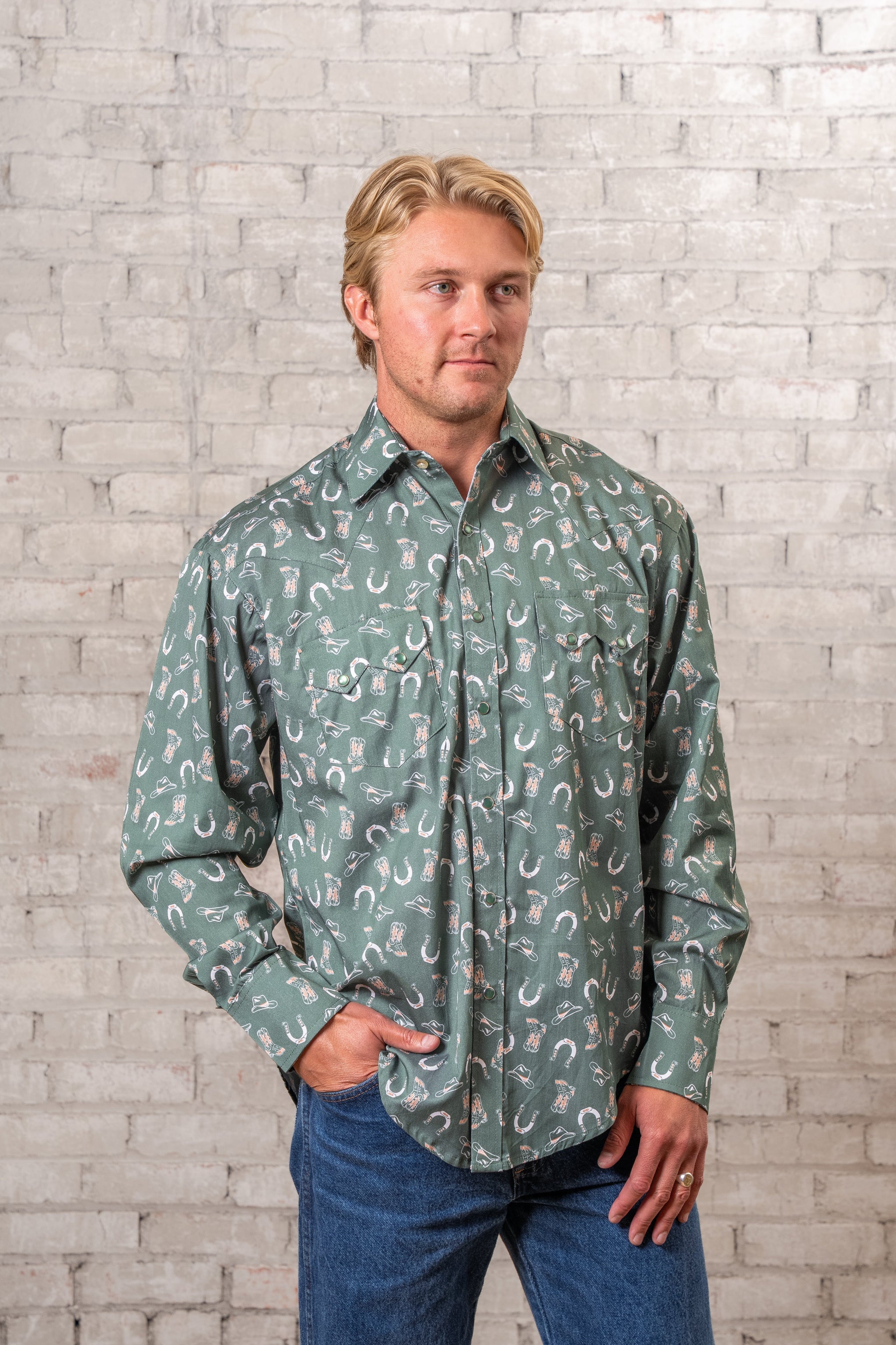 Rockmount Ranch Wear Men's Green Horseshoe Print Western Shirt - Rockmount Clothing - Flyclothing LLC