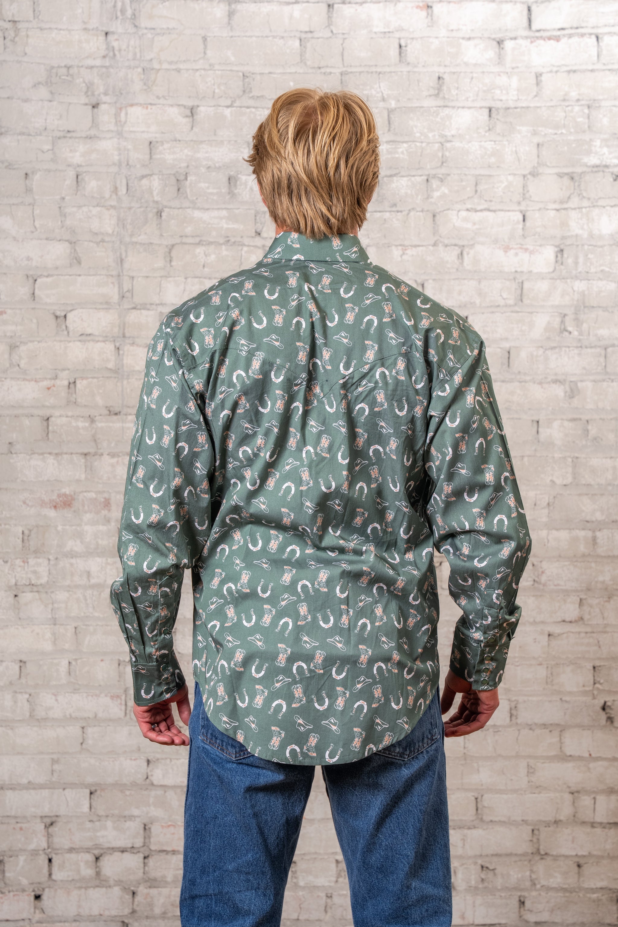 Rockmount Ranch Wear Men's Green Horseshoe Print Western Shirt - Rockmount Clothing - Flyclothing LLC