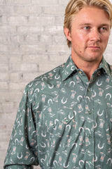 Rockmount Ranch Wear Men's Green Horseshoe Print Western Shirt - Rockmount Clothing - Flyclothing LLC