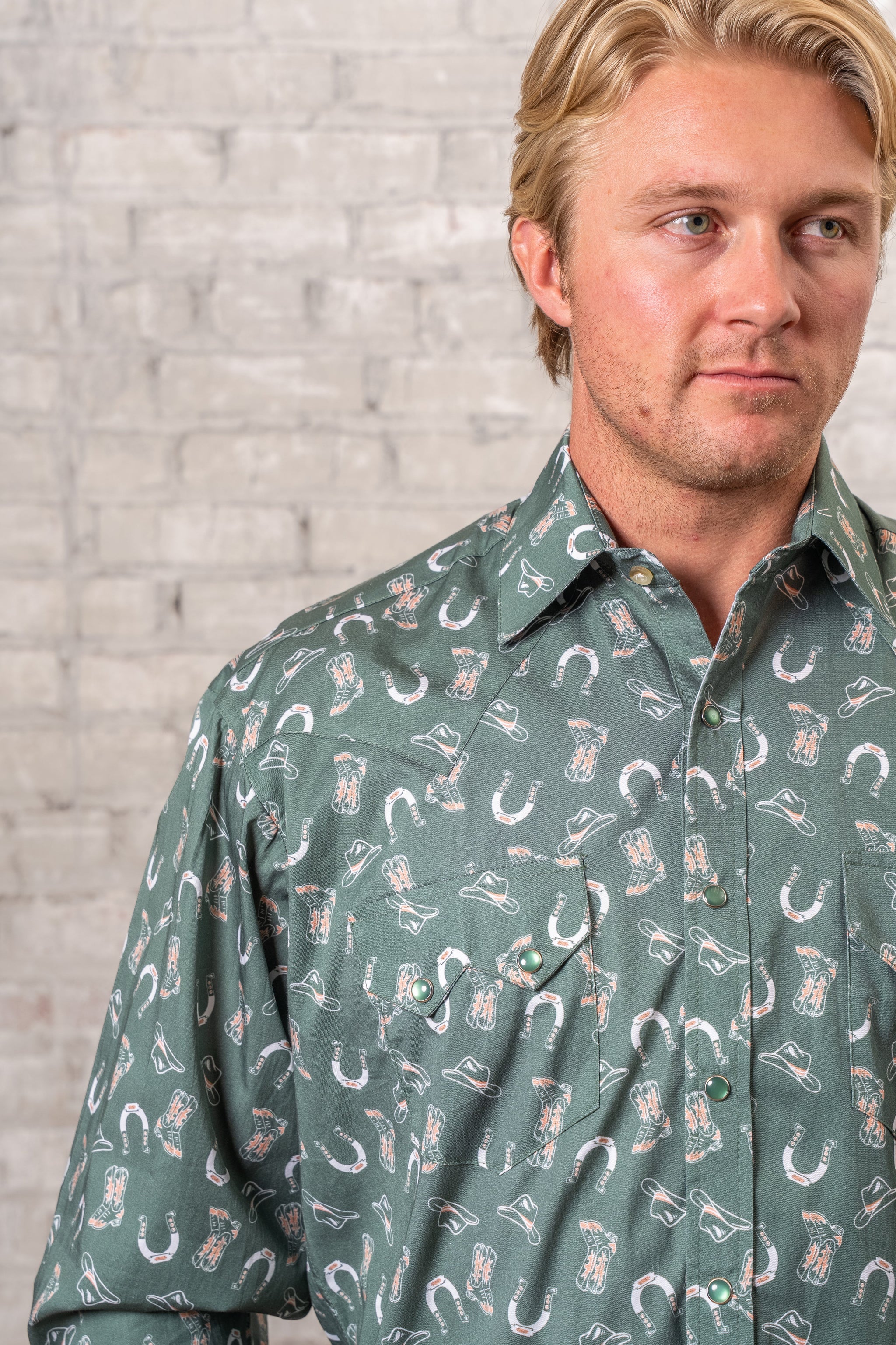 Rockmount Ranch Wear Men's Green Horseshoe Print Western Shirt - Rockmount Clothing - Flyclothing LLC