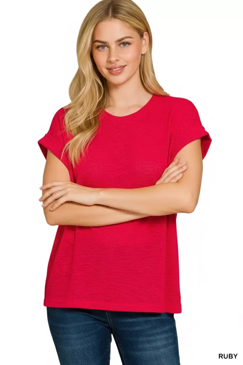 Zenana Hacci Slub Rolled Up Sleeve Tee - Trendsi - Flyclothing LLC