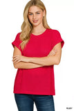 Zenana Hacci Slub Rolled Up Sleeve Tee - Trendsi - Flyclothing LLC