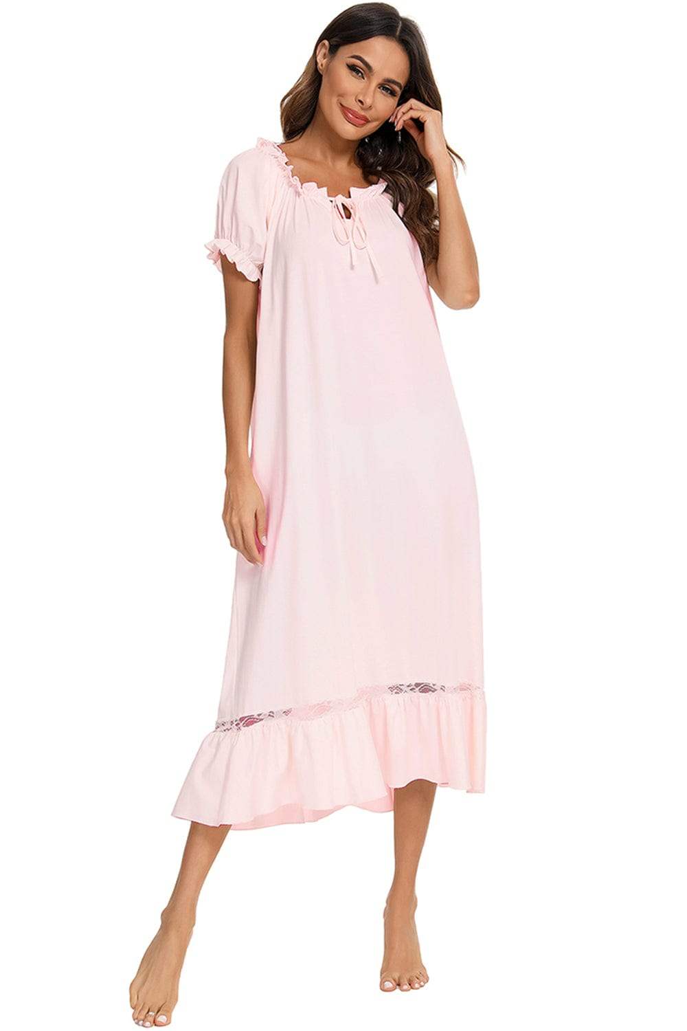 Lace Detail Short Sleeve Lounge Dress - Trendsi - Flyclothing LLC
