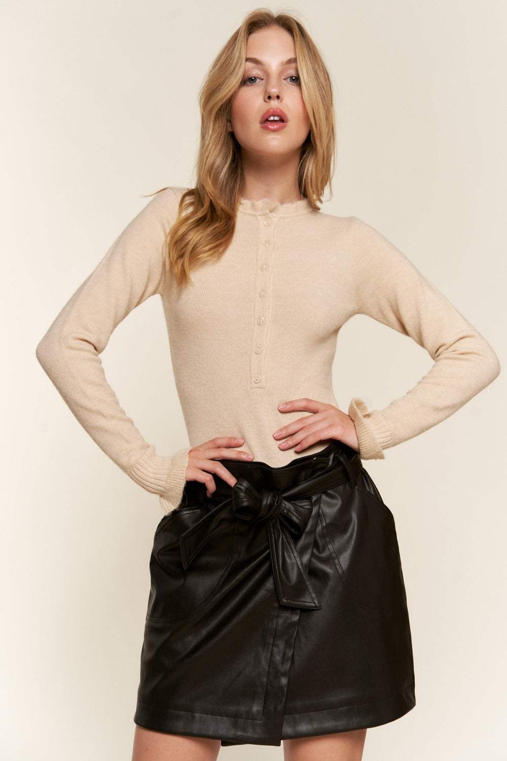 And The Why Half Button Round Neck Long Sleeve Bodysuit - Trendsi - Flyclothing LLC