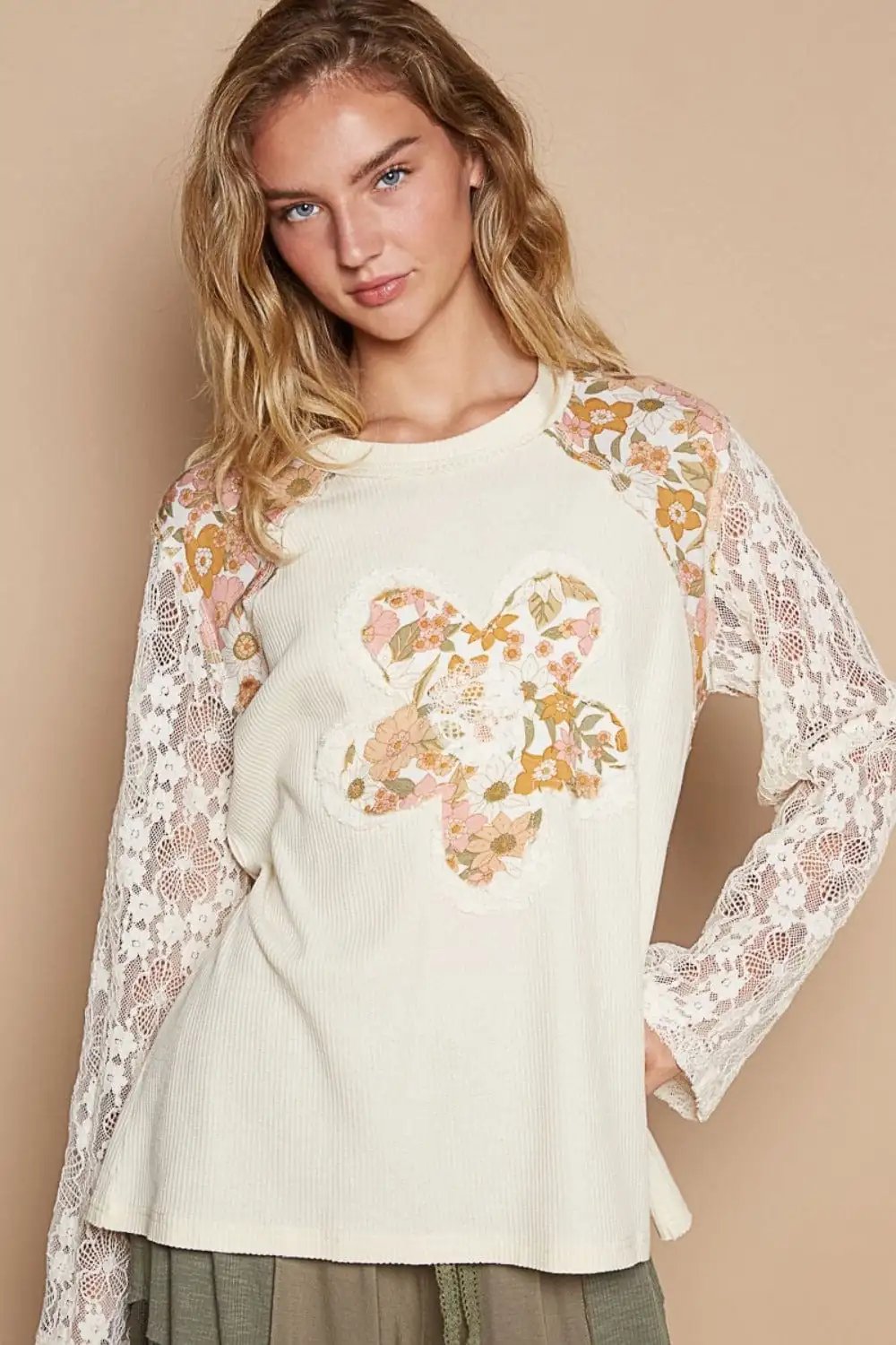 POL Flower Patch Lace Sleeve Knit Top - Trendsi