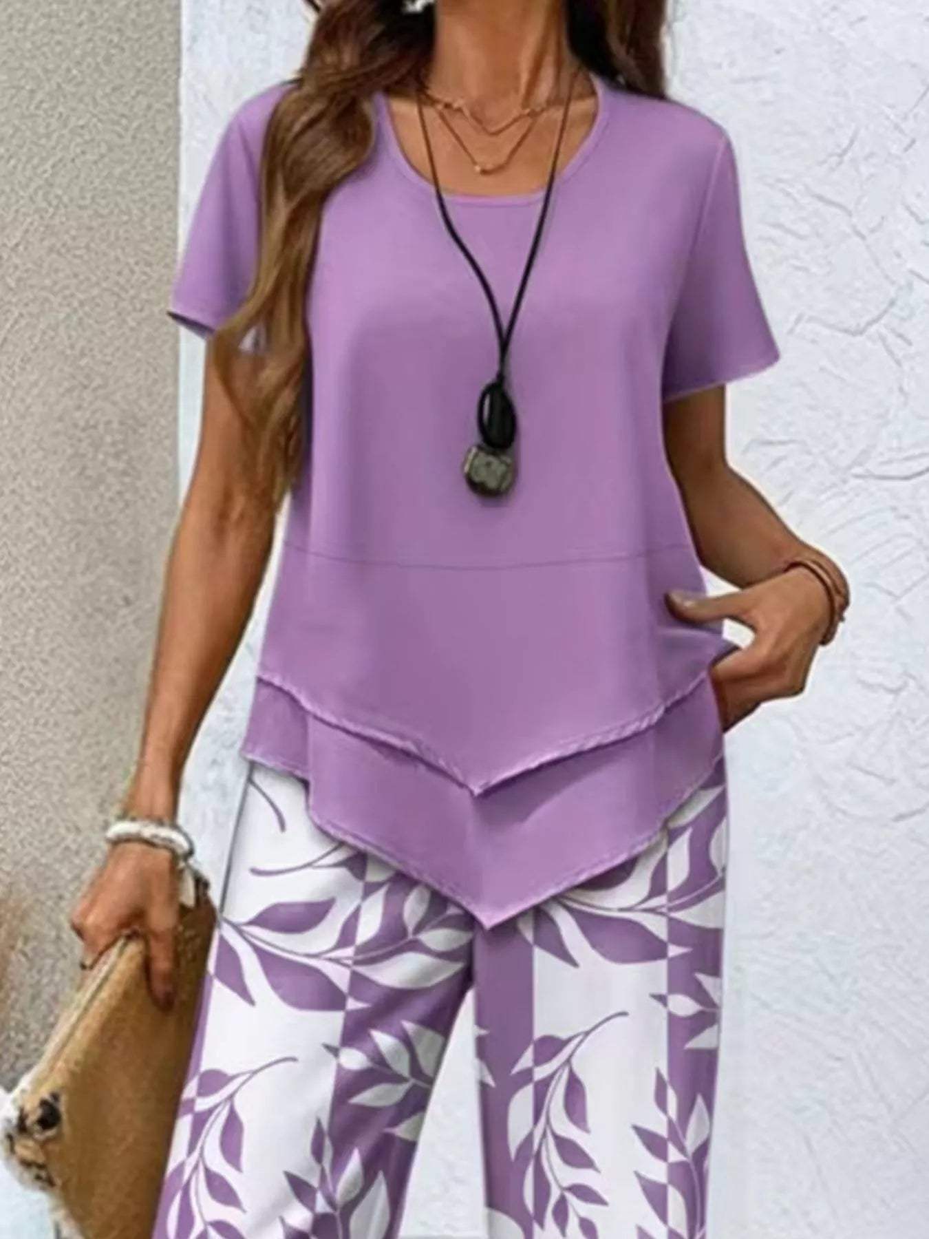 Layered Top and Leaf Print Cropped Pants Set - Trendsi - Flyclothing LLC