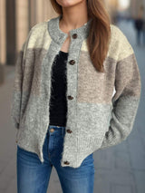 Color Block Round Neck Button Up Cardigan - Trendsi - Flyclothing LLC