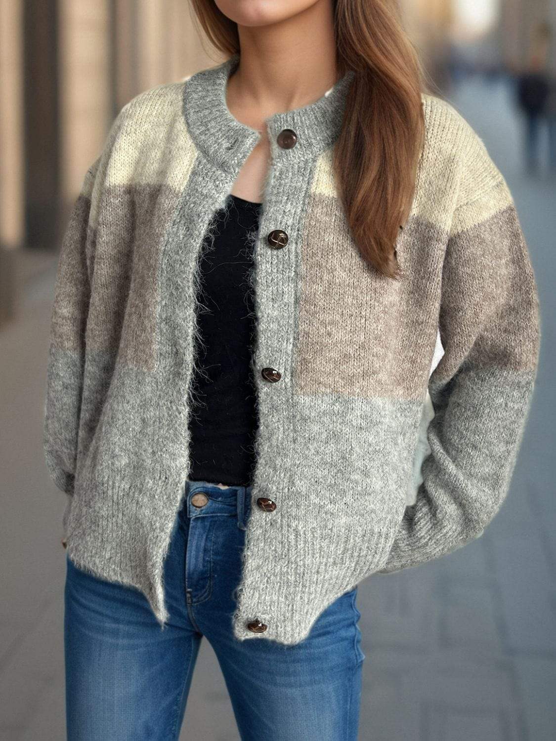 Color Block Round Neck Button Up Cardigan - Trendsi - Flyclothing LLC