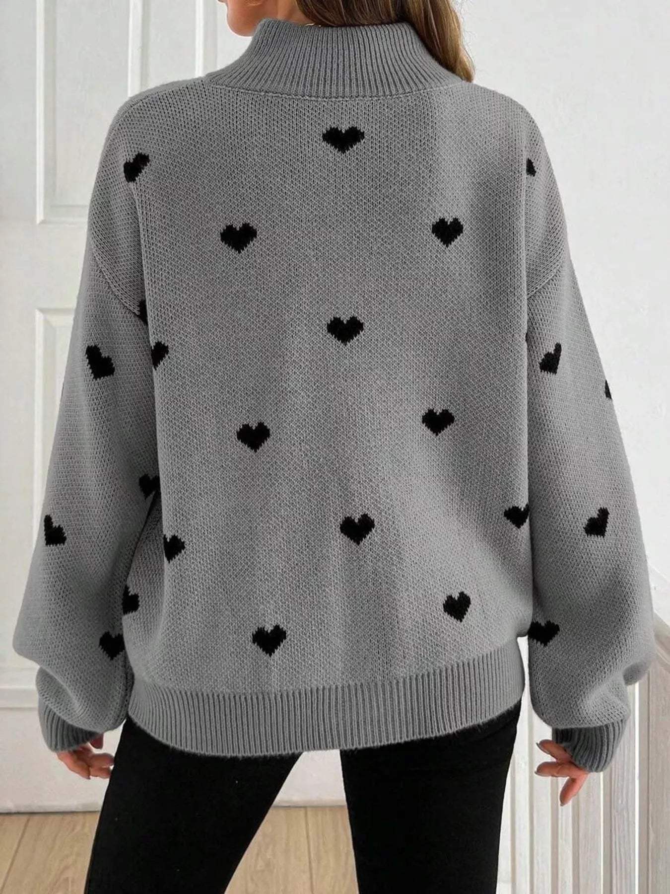Full Size Heart Half-Zip Long Sleeve Sweater Plus Size - Trendsi - Flyclothing LLC