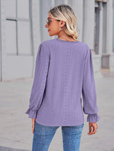Eyelet V-Neck Flounce Sleeve Blouse - Trendsi - Flyclothing LLC