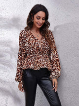 Ruched Printed V-Neck Long Sleeve Blouse - Trendsi - Flyclothing LLC