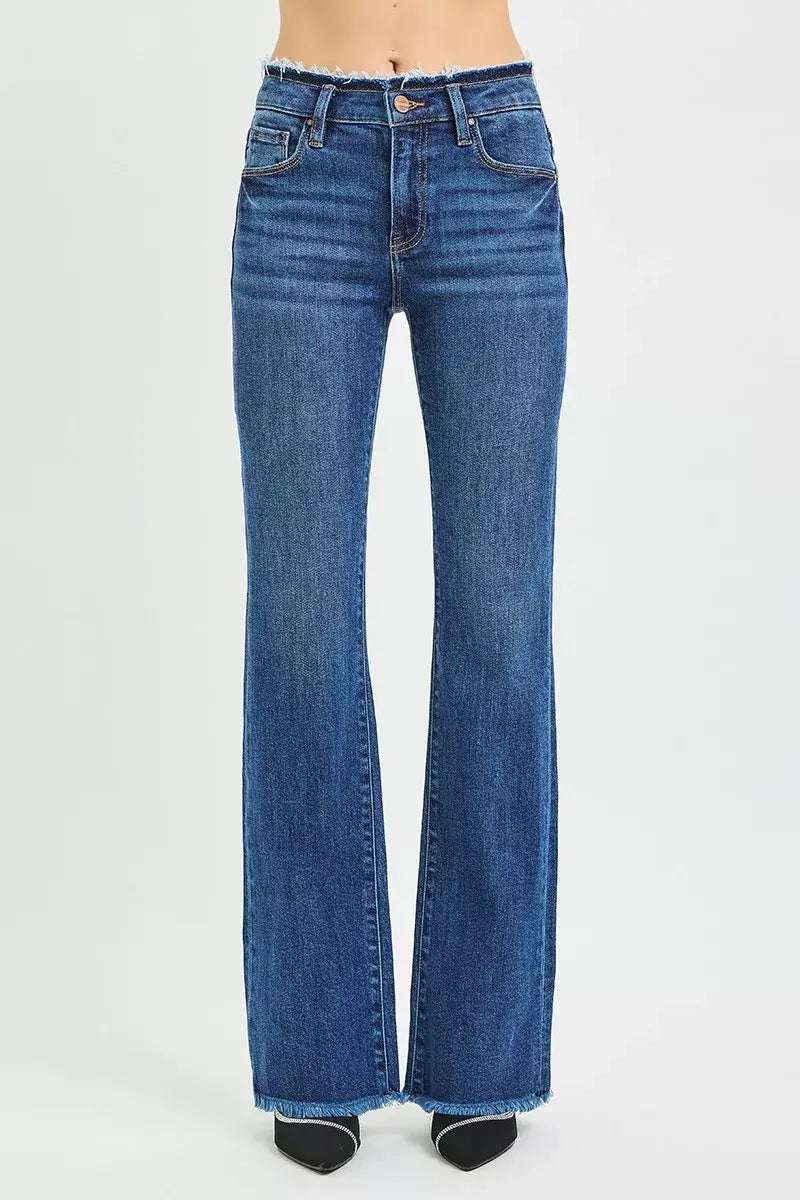 RISEN Full Size Mid Rise Bootcut Frayed Waistband Hem Detail Jeans Plus Size - Trendsi - Flyclothing LLC