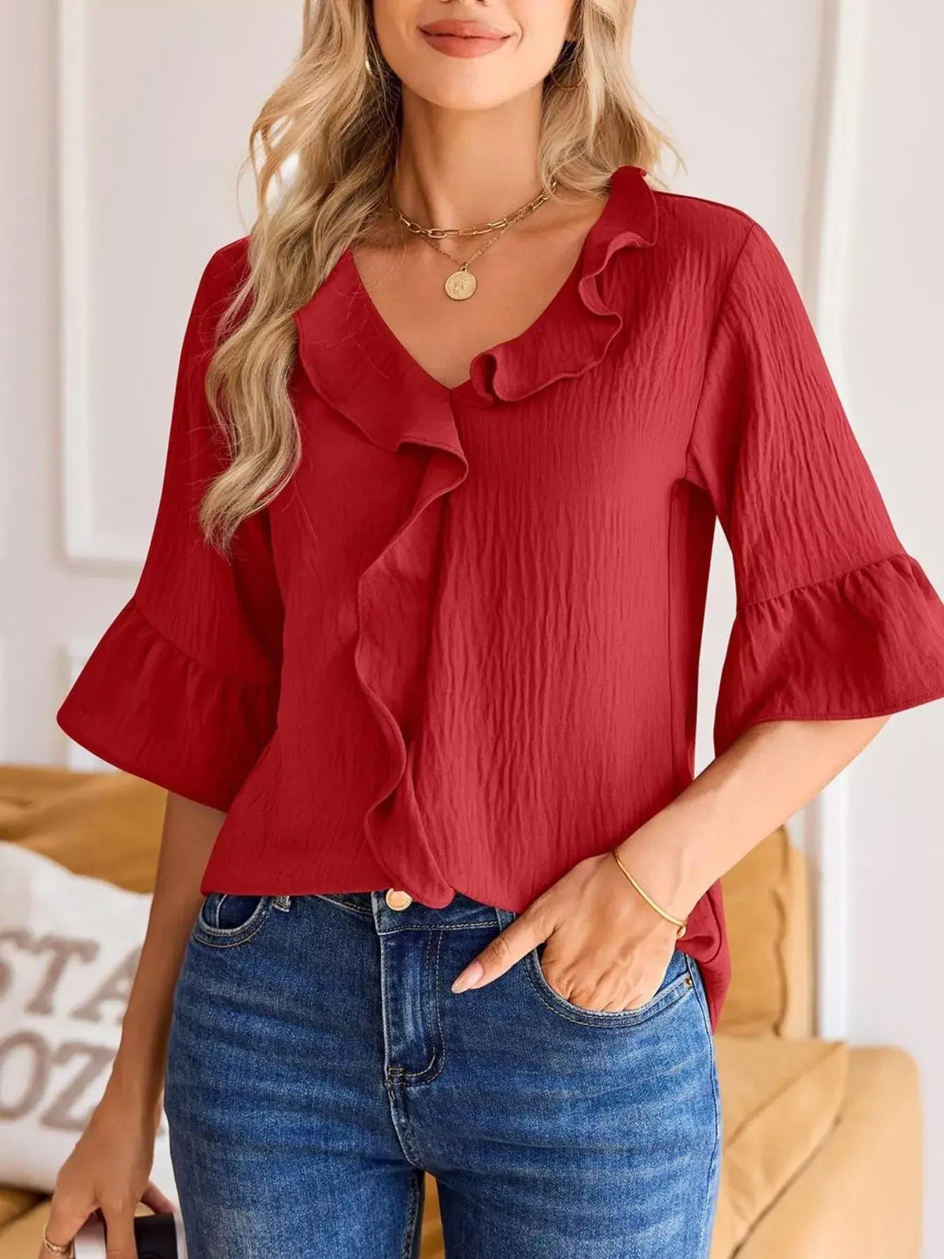 Ruffled Flounce Sleeve Blouse - Trendsi - Flyclothing LLC