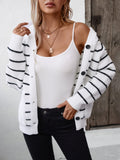 Striped Button Up Long Sleeve Hooded Cardigan - Trendsi
