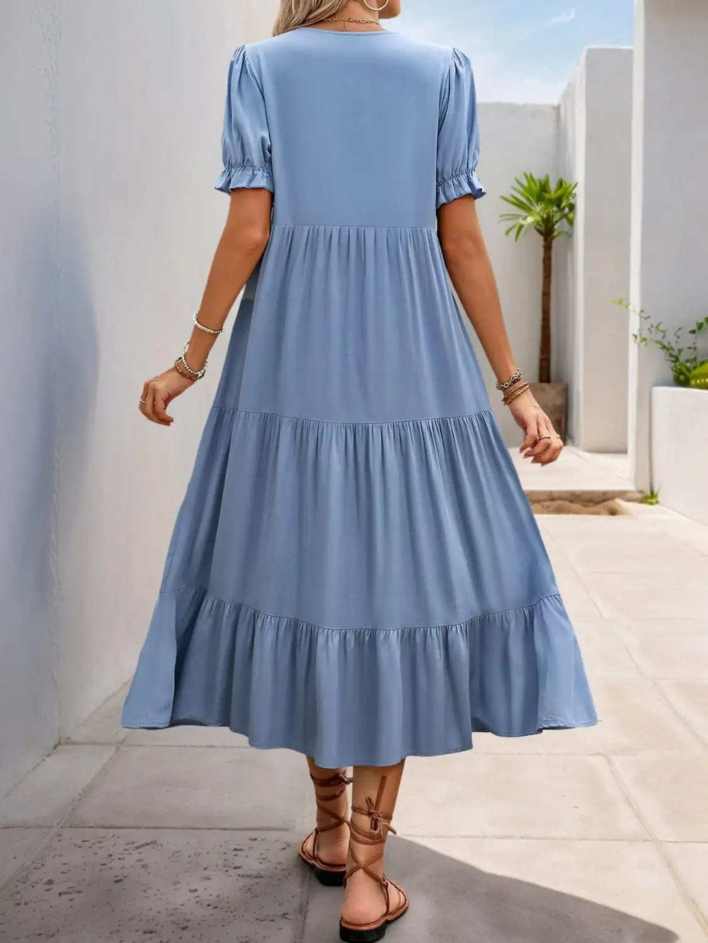 Notched Short Sleeve Tiered Midi Dress - Trendsi - Flyclothing LLC