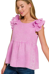 Zenana Double Gauze Acid Washed Tiered Ruffle Peplum Top - Trendsi - Flyclothing LLC