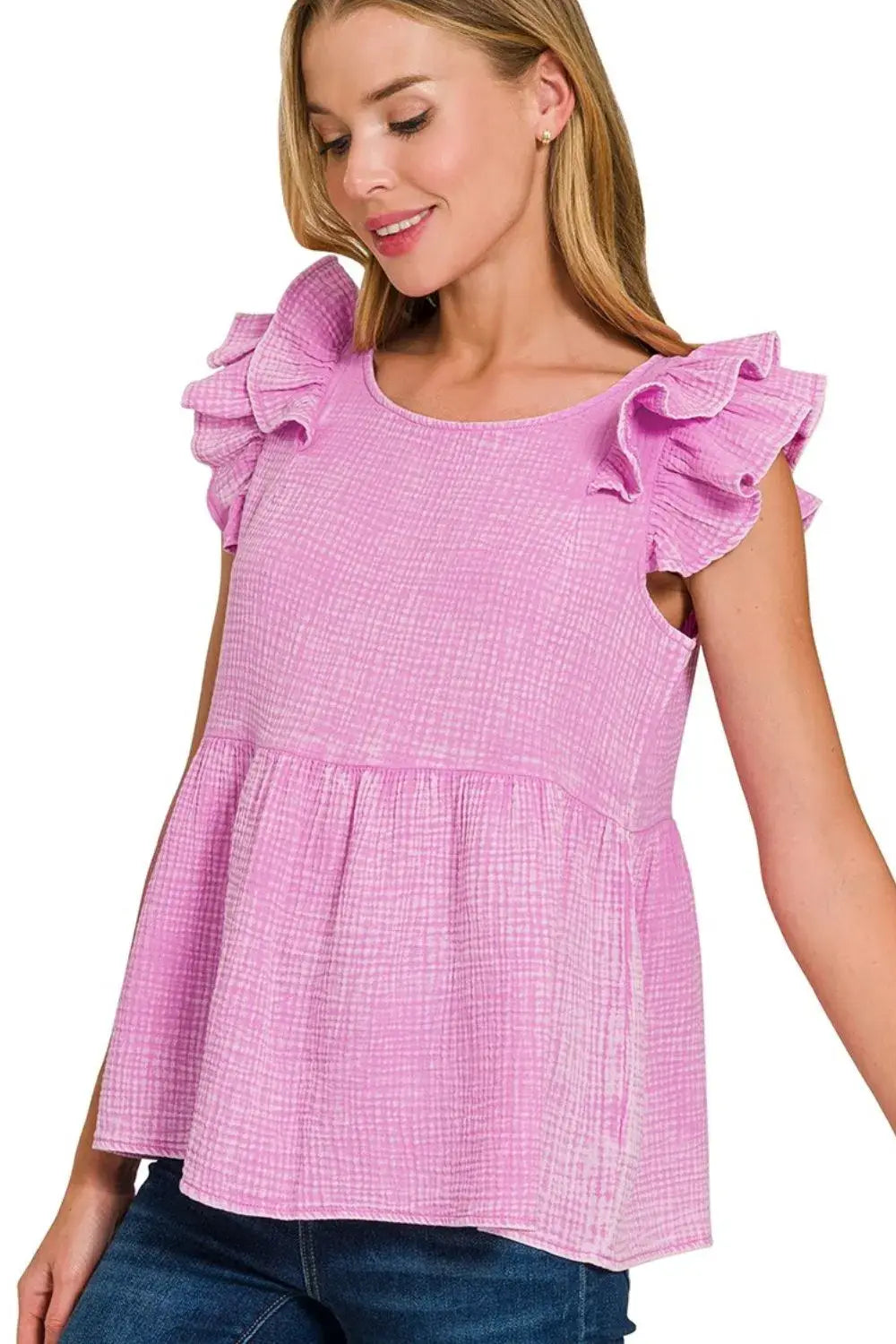 Zenana Double Gauze Acid Washed Tiered Ruffle Peplum Top - Trendsi - Flyclothing LLC