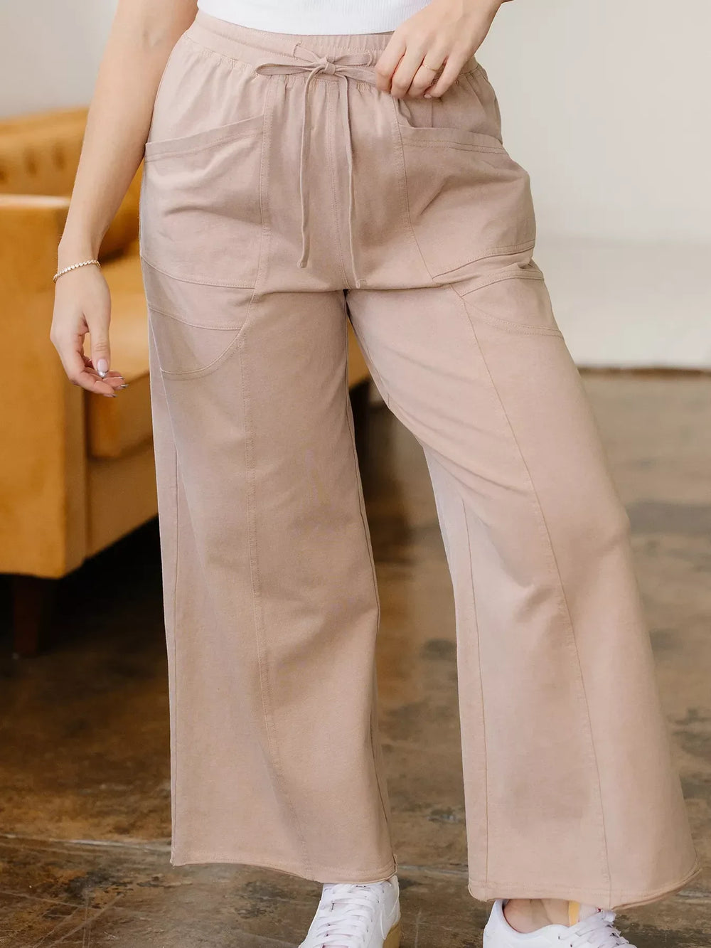 Solid Color Mineral Wash Piping Trim Pocketed Wide Leg Pants - Trendsi - Flyclothing LLC
