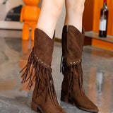 Fringed Point Toe Block Heel Boots - Trendsi - Flyclothing LLC