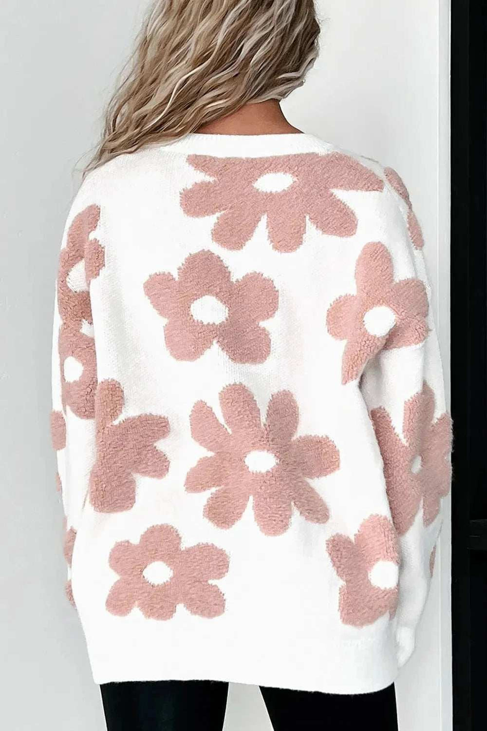 Flower Round Neck Long Sleeve Knit Top - Trendsi - Flyclothing LLC