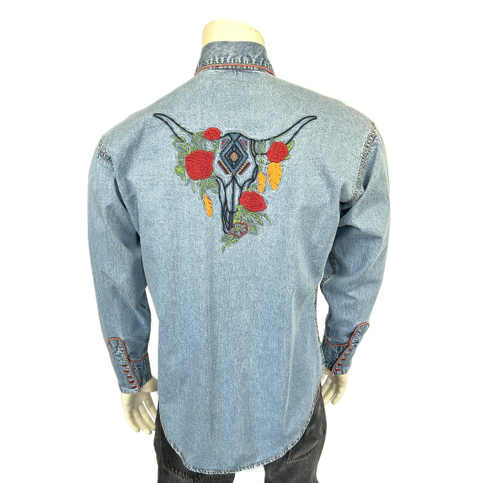 Rockmount Ranch Wear Men's Denim Red Roses & Steerhead Embroidered Western Shirt - Rockmount Clothing - Flyclothing LLC