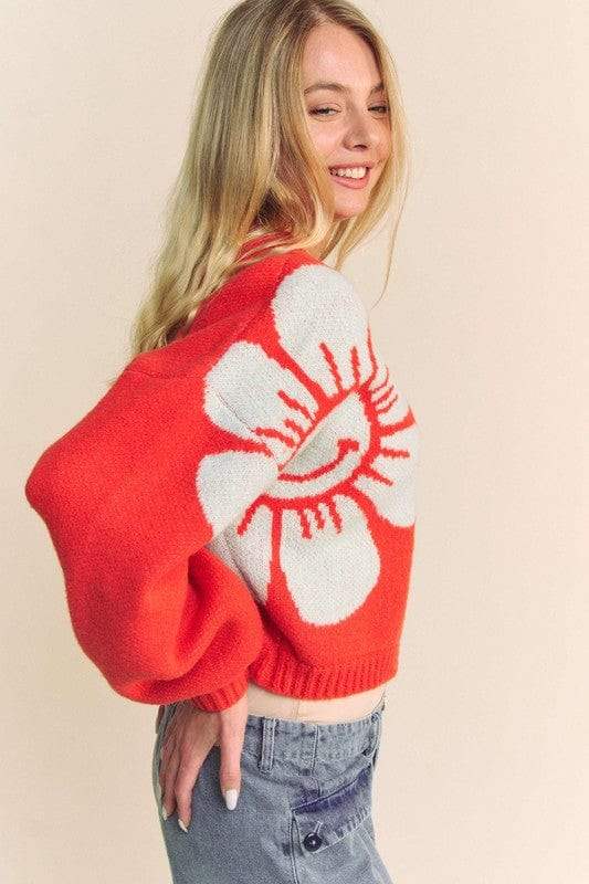 Davi & Dani Flower Contrast Round Neck Long Sleeve Cardigan - Trendsi - Flyclothing LLC