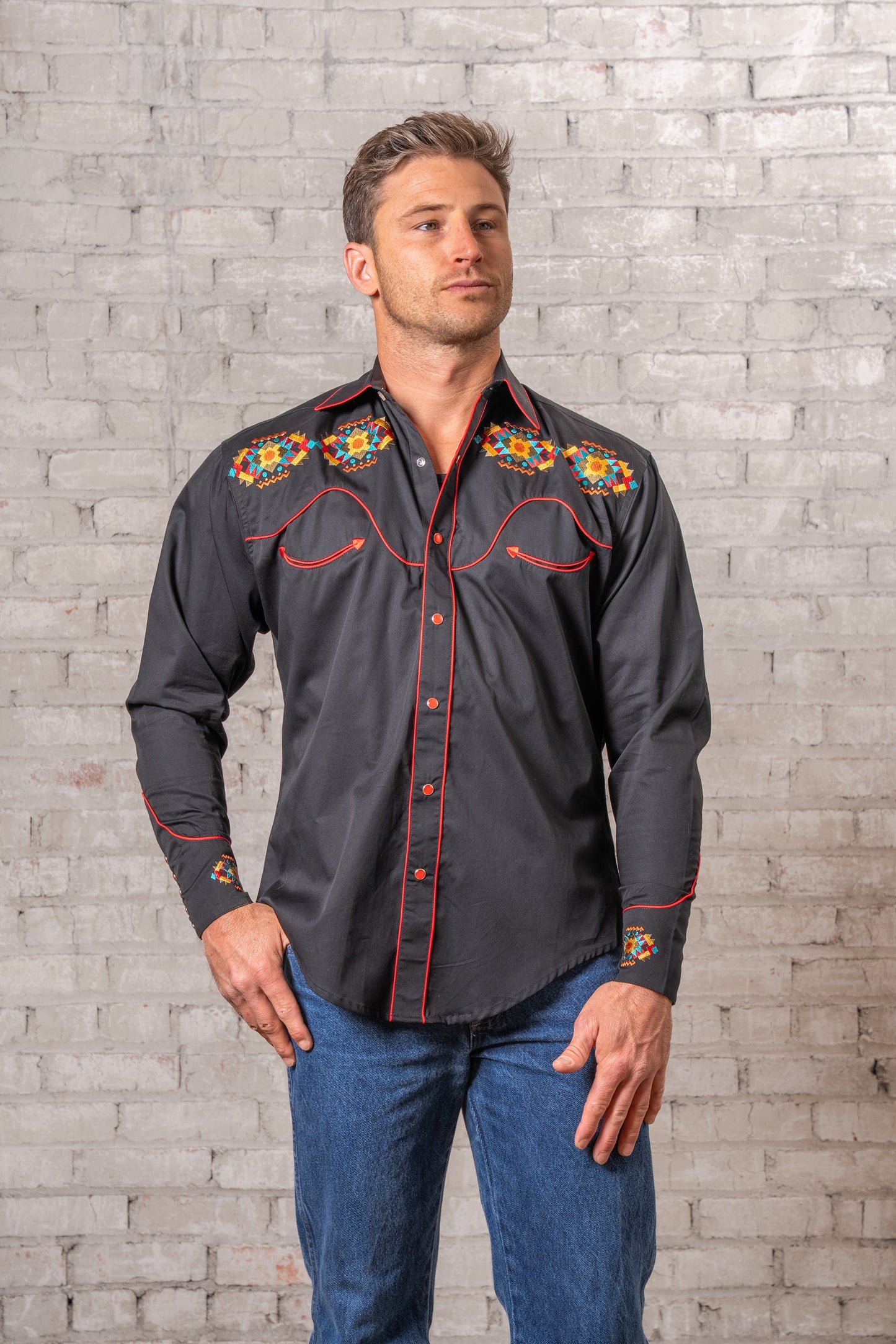 Rockmount Ranch Wear Men's Black Native American Embroidered Western Shirt - Rockmount Clothing - Flyclothing LLC