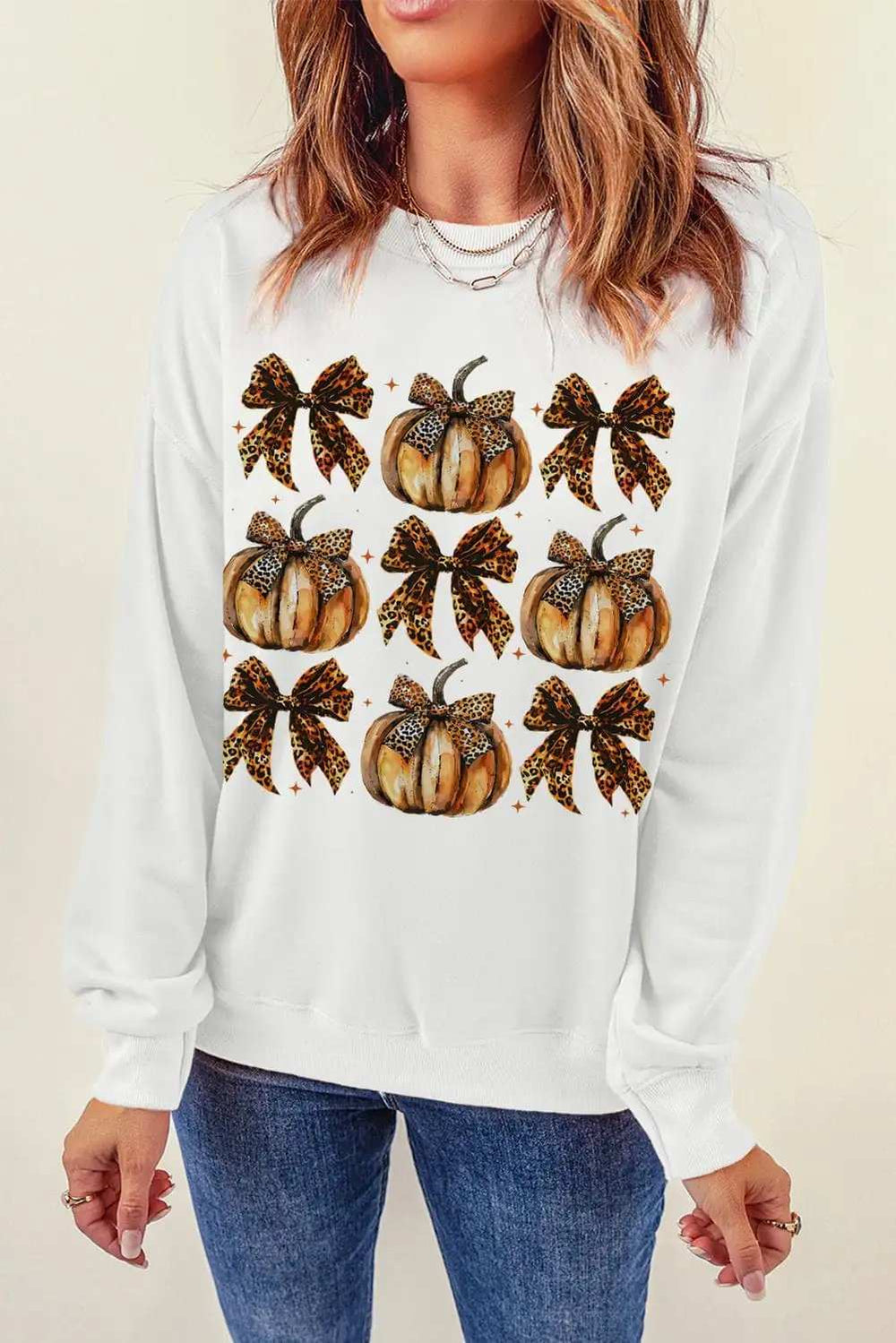 Pumpkin & Bow Graphic Long Sleeve Sweatshirt - Trendsi - Flyclothing LLC