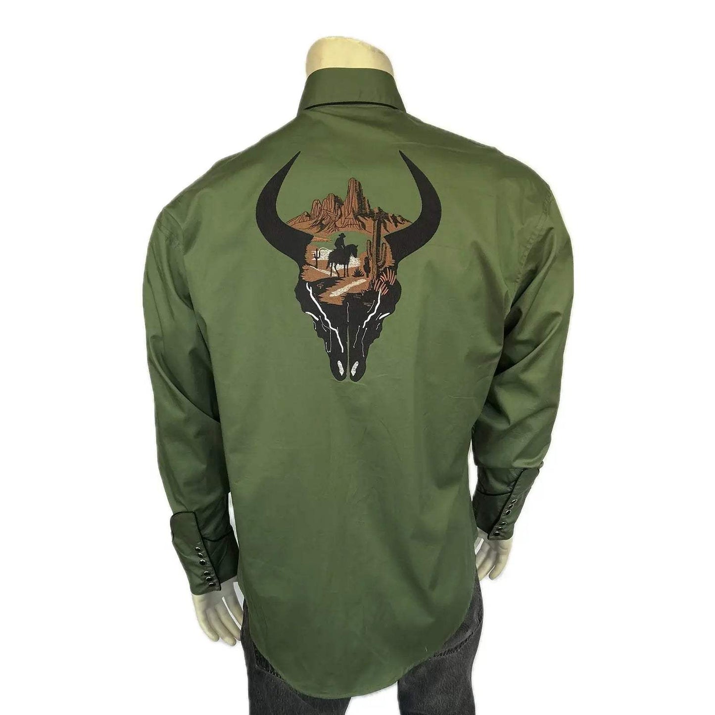 Rockmount Ranch Wear men s green bison skull rider embroidered western shirt - Rockmount Clothing - Flyclothing LLC