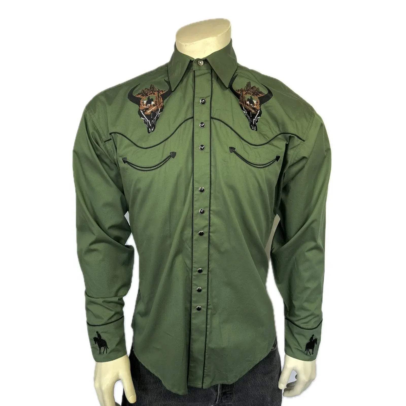 Rockmount Ranch Wear men s green bison skull rider embroidered western shirt - Rockmount Clothing - Flyclothing LLC