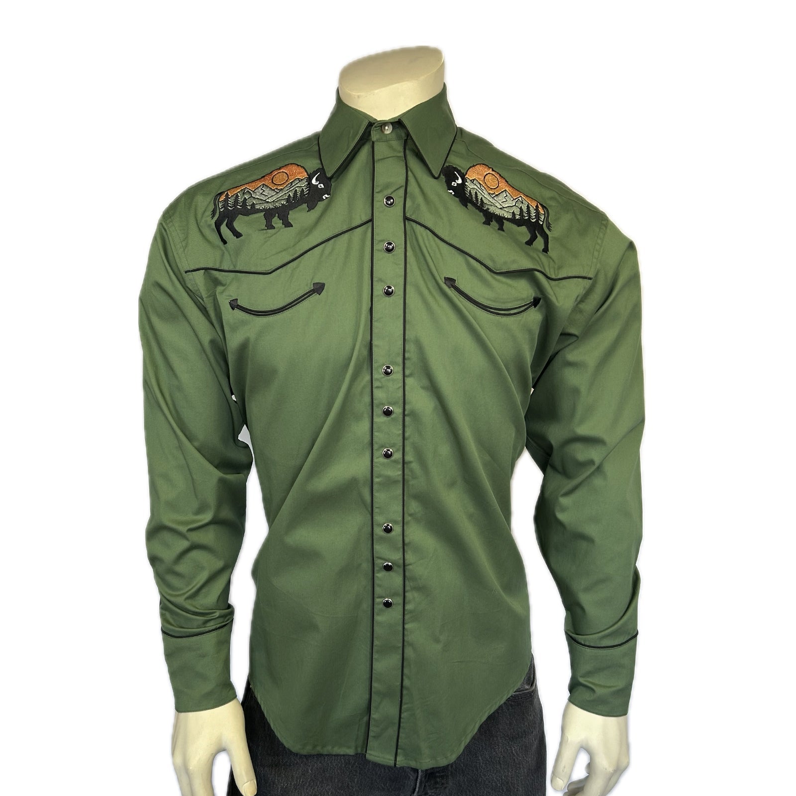 Rockmount Ranch Wear Men's Green Bison & Mountain Embroidered Western Shirt - Rockmount Clothing - Flyclothing LLC
