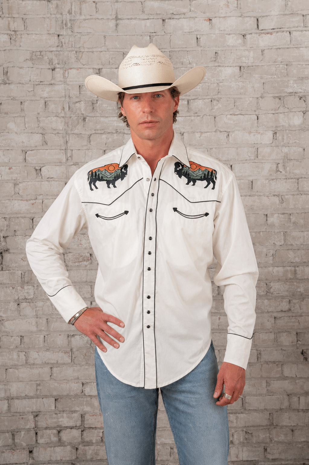 Rockmount Ranch Wear Men's Ivory Bison & Mountain Embroidered Western Shirt - Rockmount Clothing - Flyclothing LLC
