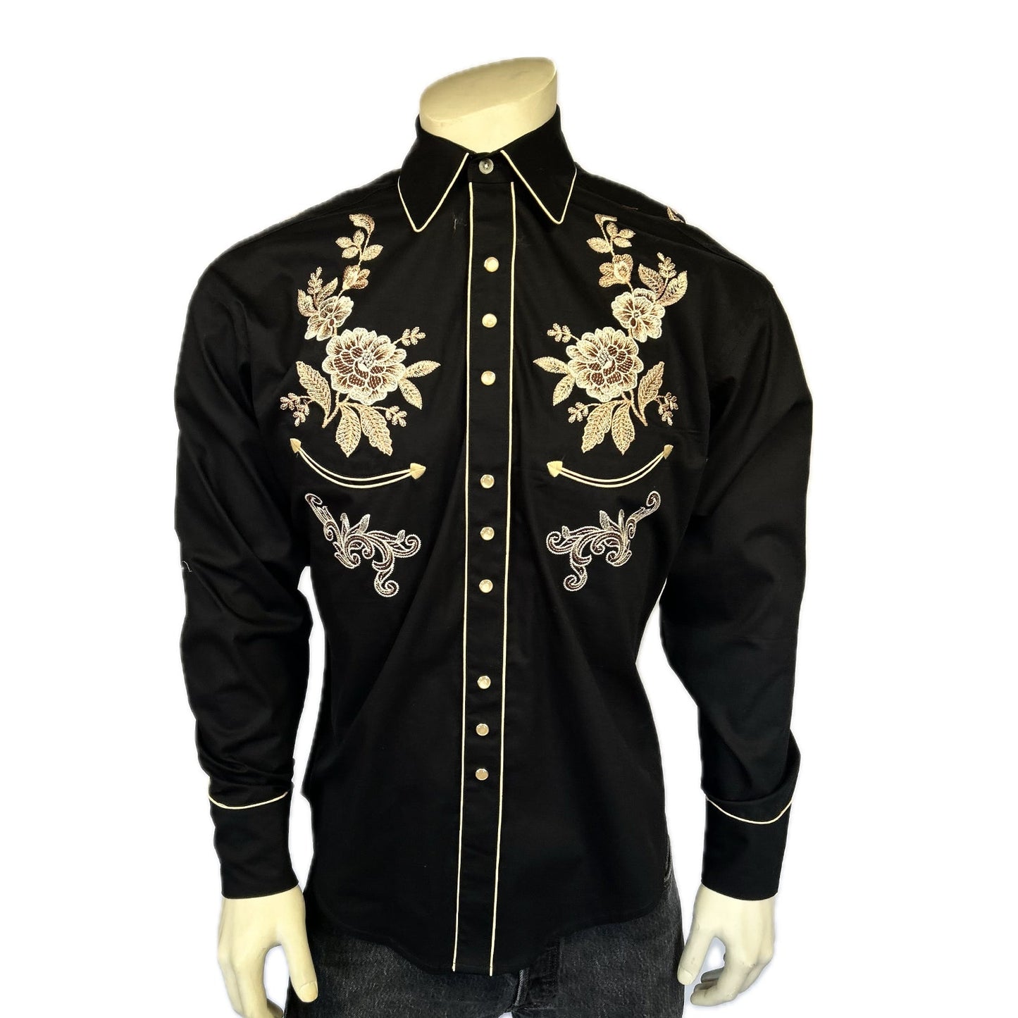Rockmount Ranch Wear Men's Black with Tan Floral Embroidered Western Shirt - Rockmount Clothing - Flyclothing LLC