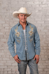 Rockmount Ranch Wear Men's Denim with Tan Floral Embroidered Western Shirt - Rockmount Clothing - Flyclothing LLC