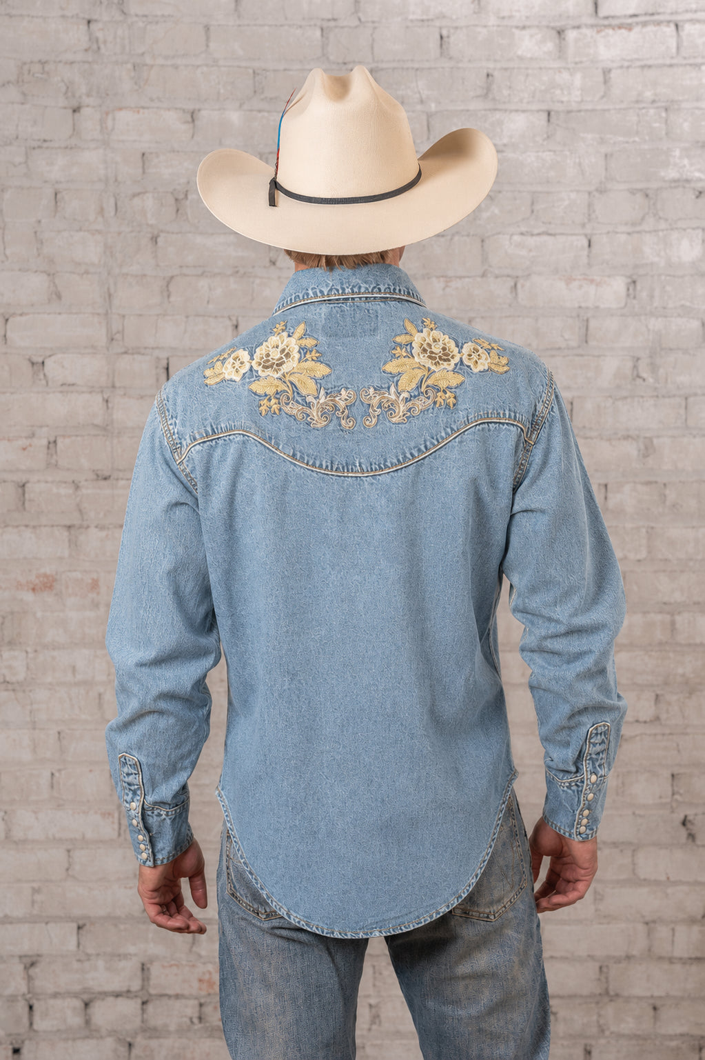 Rockmount Ranch Wear Men's Denim with Tan Floral Embroidered Western Shirt - Rockmount Clothing - Flyclothing LLC