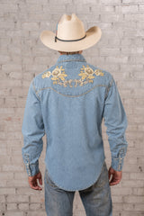 Rockmount Ranch Wear Men's Denim with Tan Floral Embroidered Western Shirt - Rockmount Clothing - Flyclothing LLC