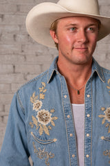Rockmount Ranch Wear Men's Denim with Tan Floral Embroidered Western Shirt - Rockmount Clothing - Flyclothing LLC