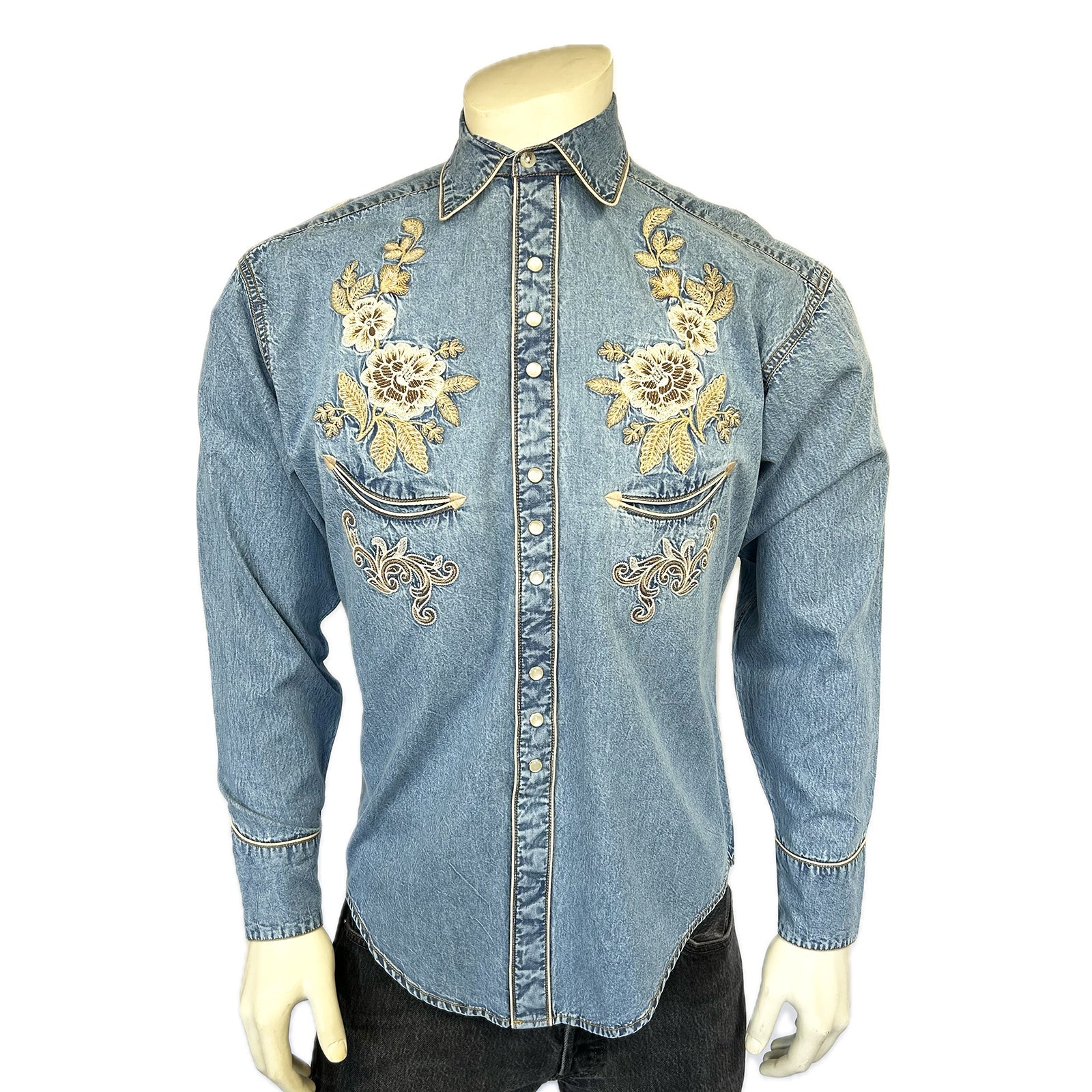 Rockmount Ranch Wear Women's Denim with Tan Floral Embroidered Western Shirt - Rockmount Clothing - Flyclothing LLC