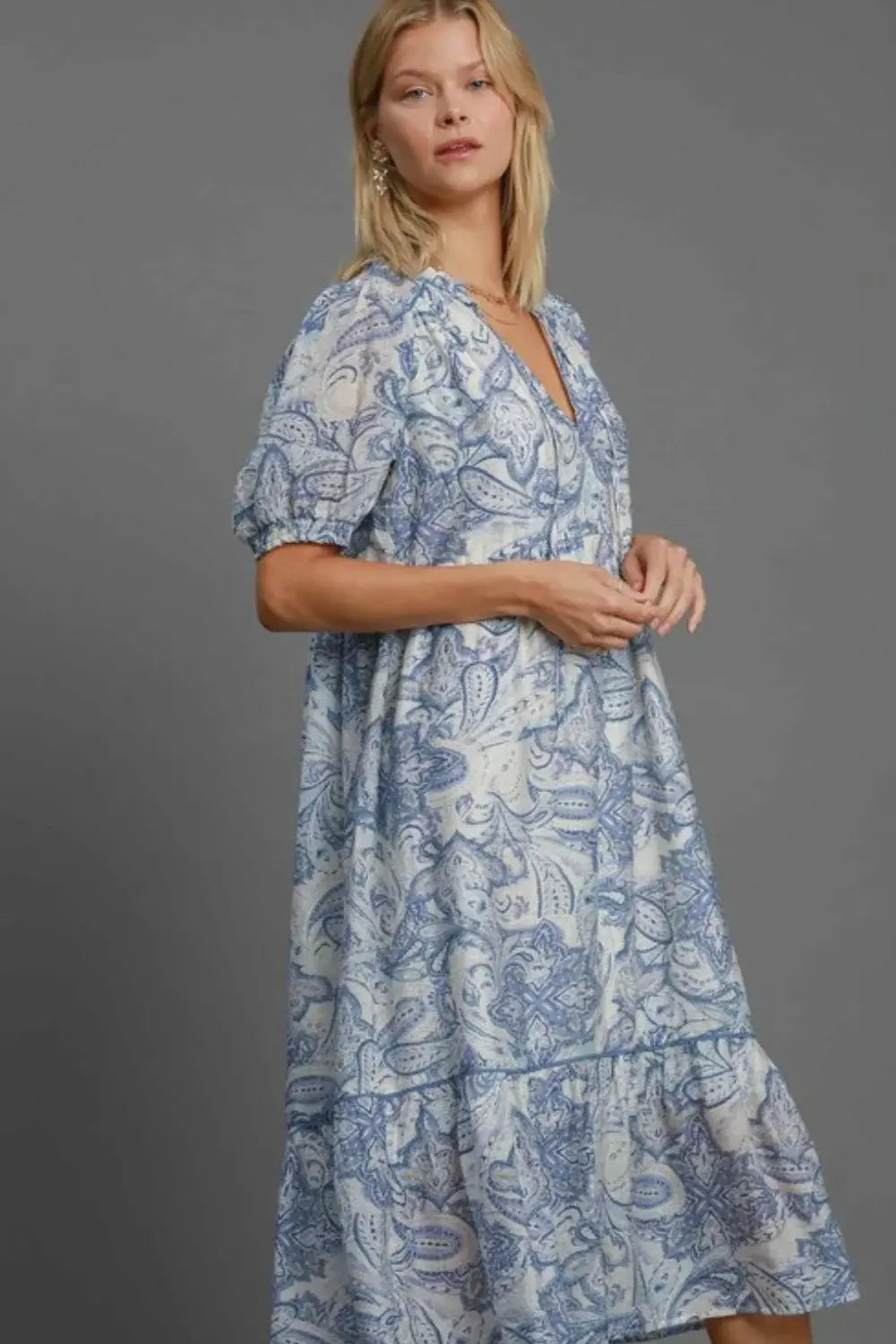 Umgee Full Size Printed Puff Short Sleeve Midi Dress Plus Size - Trendsi - Flyclothing LLC