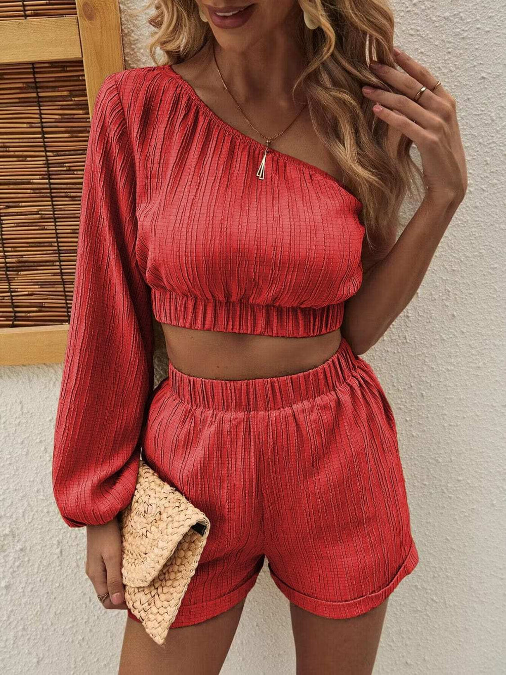 One Shoulder Long Sleeve Top and Shorts Set - Trendsi - Flyclothing LLC