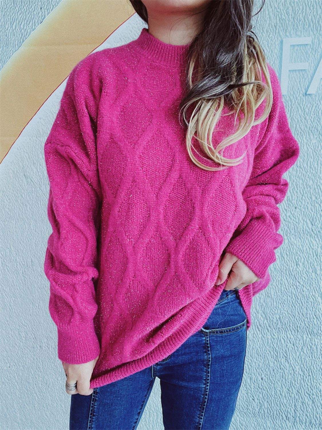 Diamond Round Neck Long Sleeve Sweater - Trendsi - Flyclothing LLC