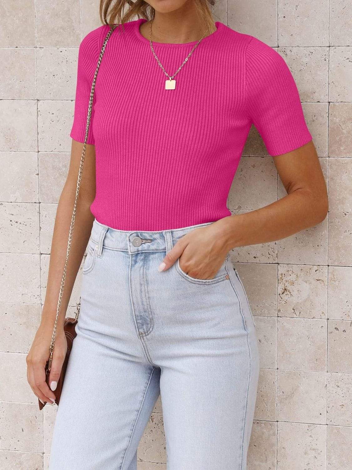 Mandy Ribbed Round Neck Short Sleeve Knit Top - Trendsi - Flyclothing LLC
