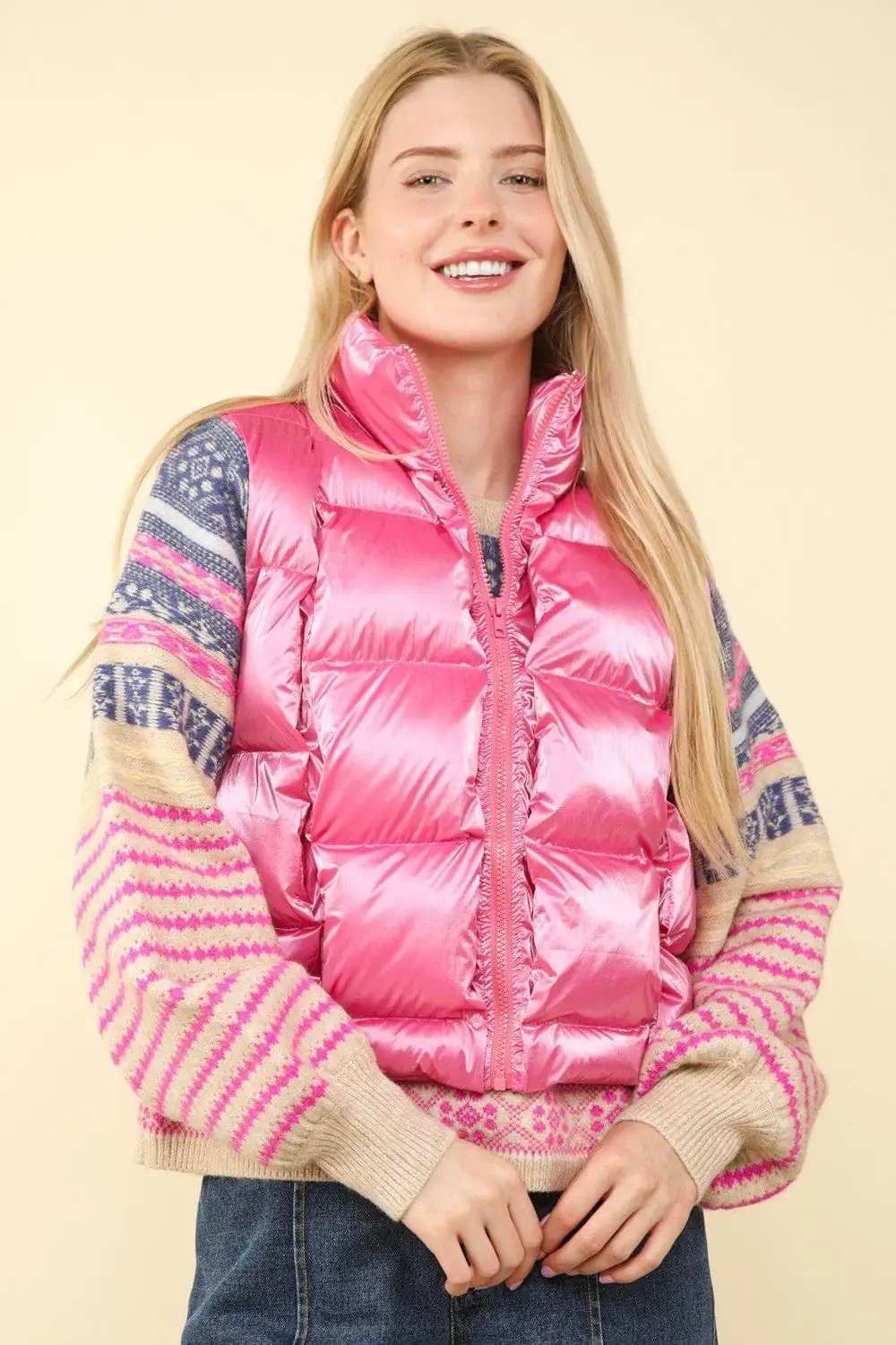 VERY J Shiny Metallic Zip Up Puffer Vest - Trendsi - Flyclothing LLC