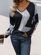 Color Block V-Neck Long Sleeve T-Shirt - Trendsi - Flyclothing LLC