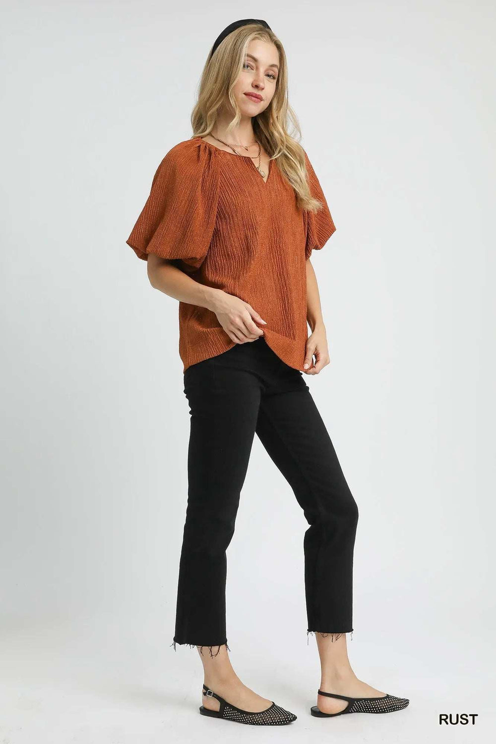 Umgee Textured Flutter Sleeve Notch Neck Top - Trendsi - Flyclothing LLC