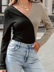 Contrast Surplice Long Sleeve T-Shirt - Trendsi